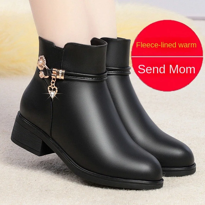 Soft Leather Mom Shoe 2024 Spring Winter with/Without Plush Warm Women Snow Boots Soft Sole Med Heel Short Boot Black