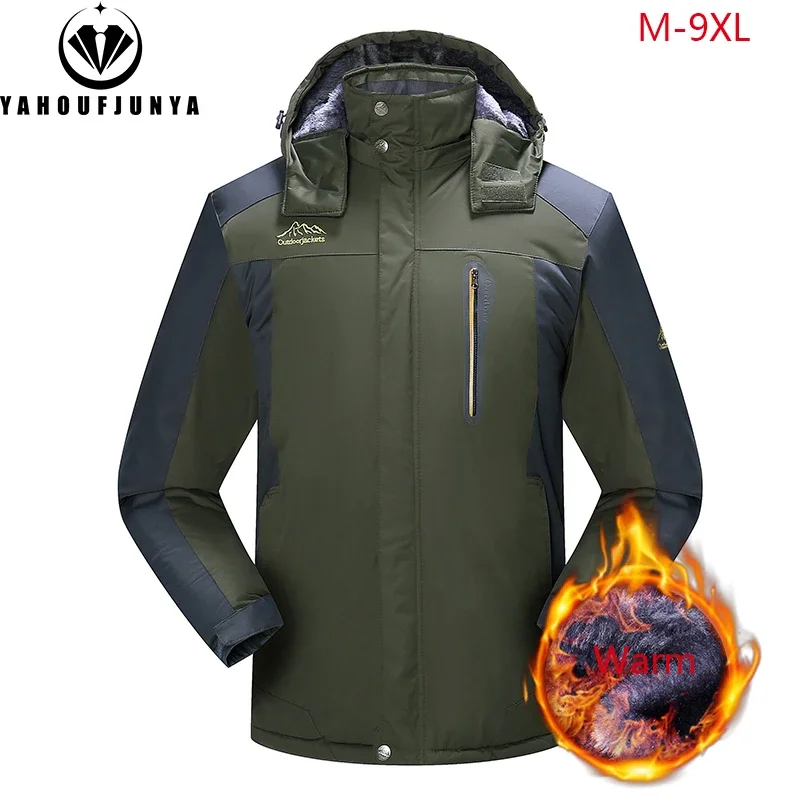 9XL New Winter Men Outwear Fleece Warm Removable Hooded Jacket Men Outdoor Skiing Windbreaker Waterproof Casual Jacket Coat Male