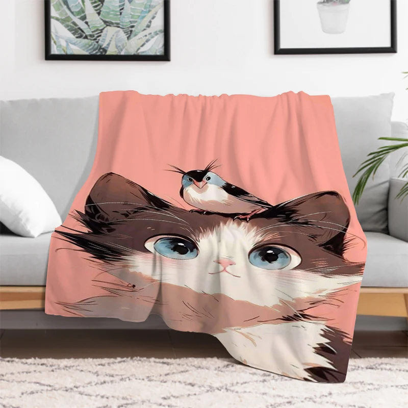 

A Cute Little Cat Throw Sofa Blanket Camping Chair Throws for Lounge Catnap Portable Soft Plaid With Print Microfiber Bedding