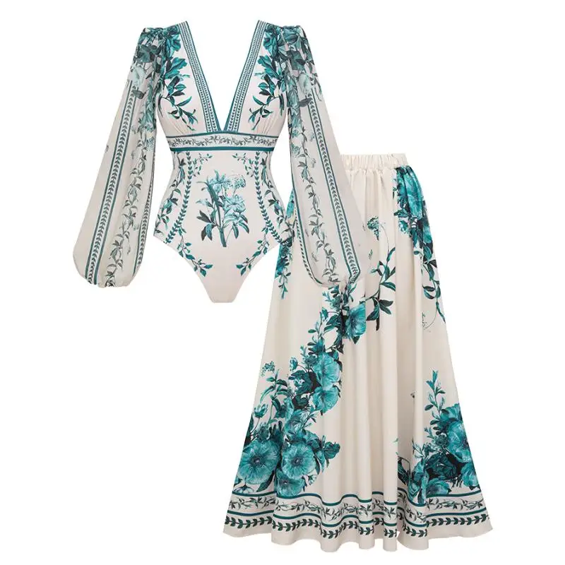 Flaxmaker Swimsuit Sets 2026 Women Long Sleeve Sexy V Neck Party Swimwear Dark Cyan Long Sleeved Floral Biquini conjunto de