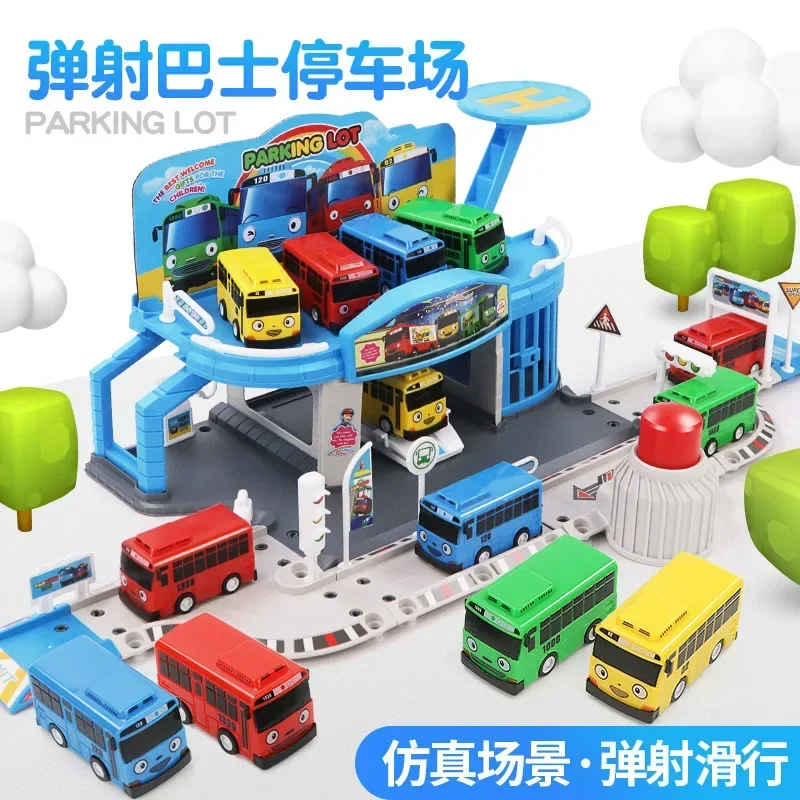 The Tayos Little Bus Pull Back Cartoon Bus Parking Lot Toys Childrens Matching Track Minibus Alloy Car Collection Of Tayo Scene