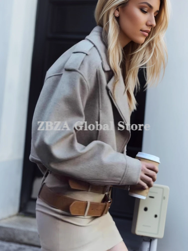 ZBZA Women\'s Crop Motorcycle Jacket Coat Lapel Long Sleeves Zipper Closure Loose Short Coat Fall Female Fashion Street Outerwear