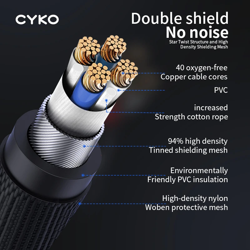 CYKO 1 Pair Rca Audio Cable Hifi 6N OFC 2RCA To 2RCA Stereo Cables Male To Male Aux Cable Jack for Amplifier DAC TV Box