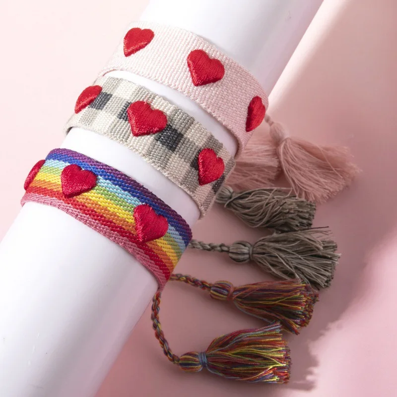 الحب مضفر سوار الجوف المطرزة القلب قابل للتعديل معصمه اليدوية شرابة اليد حبل للنساء هدايا مجوهرات للبنات #2