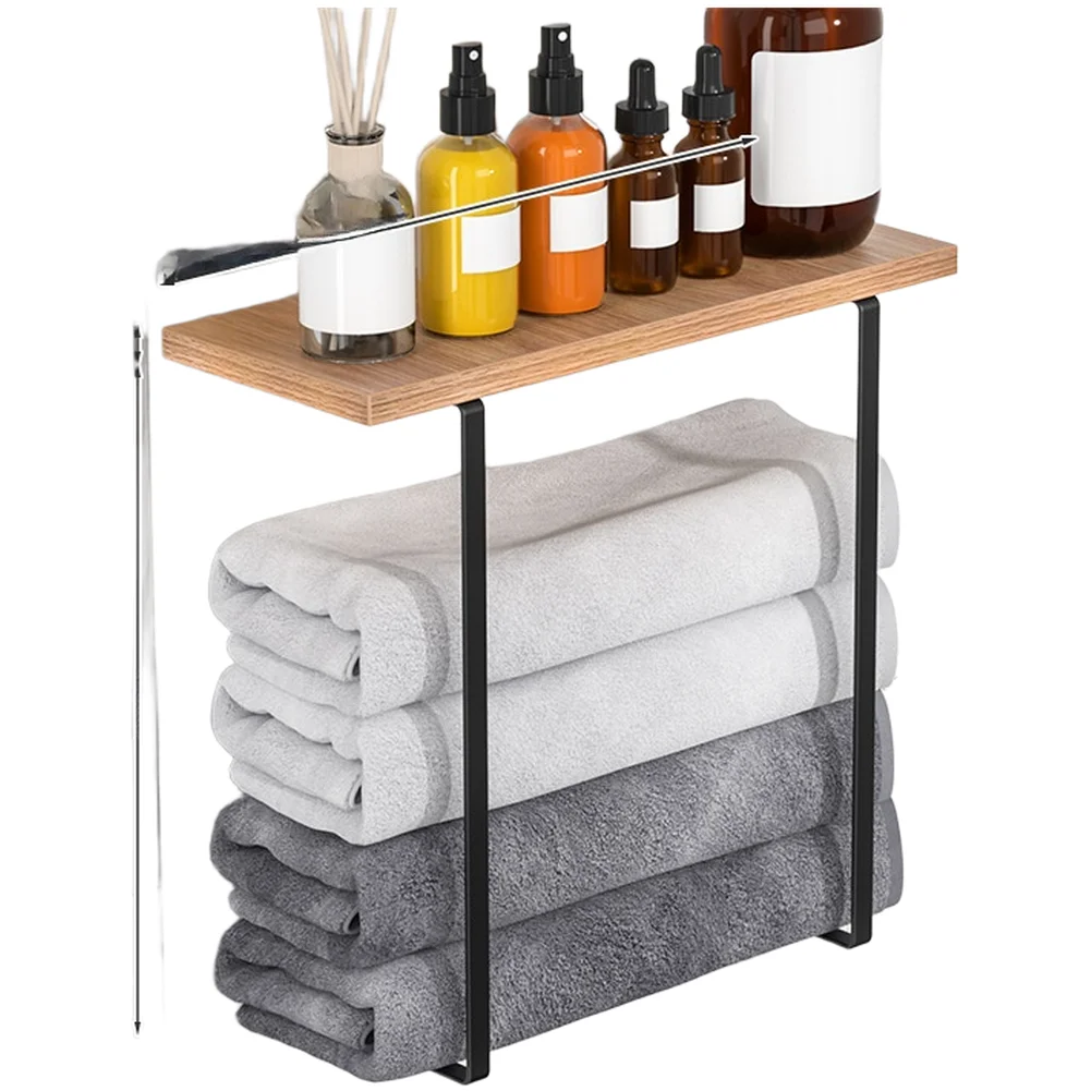 Contemporary Bathroom Towel Rack Wall Mounted with Wood Shelf and Towel Bar Carbon Steel Build for Modern Minimalist Interiors