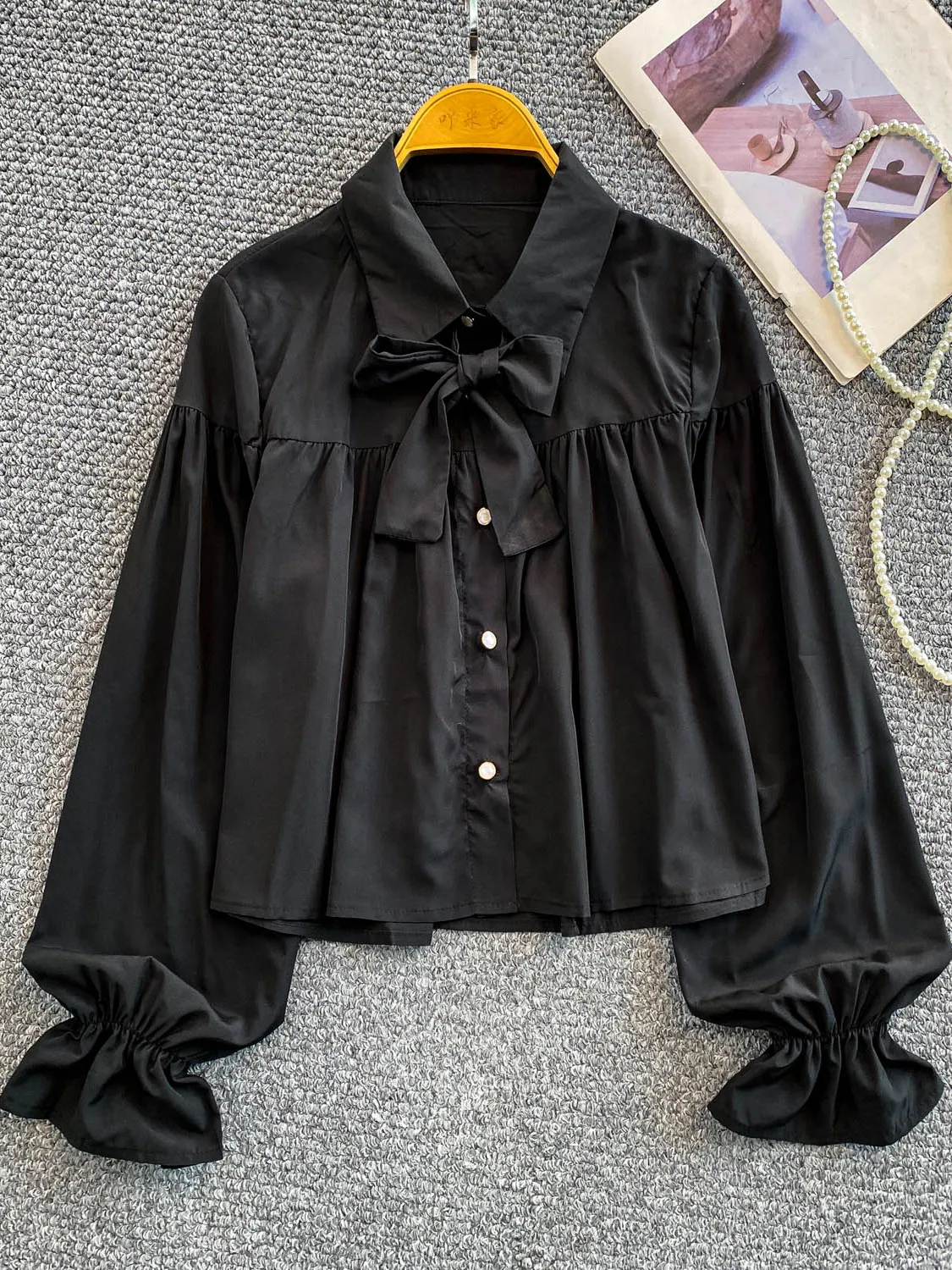 Ele Knot Turn-down Kraag Uitlopende Sve irt Losse Zonwering Top voor Dames Faionable Koreaanse Sle Herfst...