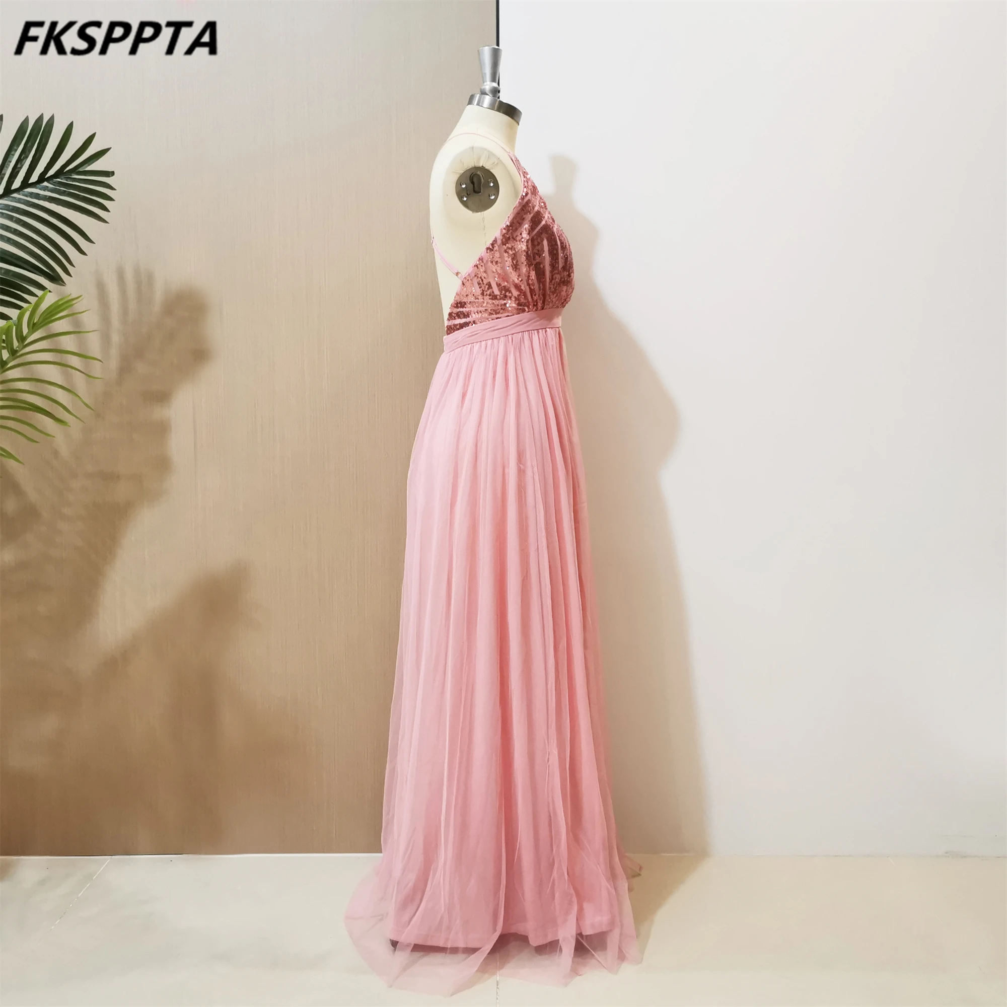 Long 2024 New Pink Evening Dress Backless A Line Sequins Tulle Women Formal Gown For Wedding Prom Party Wholesale Robe De Soiree