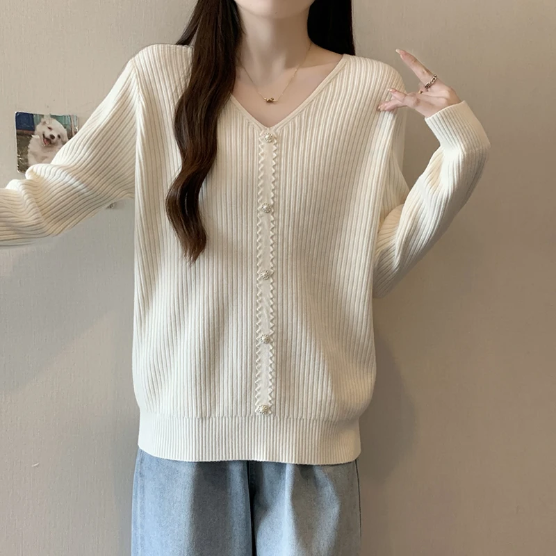 

Sweater Women Pullover Tops Autumn Winter Long Sleeve V-neck Jumpers Fashion Elegant Chic Ladies Knitwear