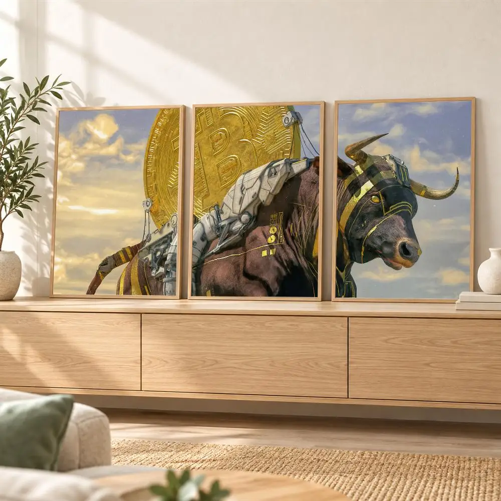 Bitcoin Cryptocurrency Bull Painting Calligraphy 3 Pces Canvas Poster Set Vintage Wall Art for Bedroom Living Room Home Decor