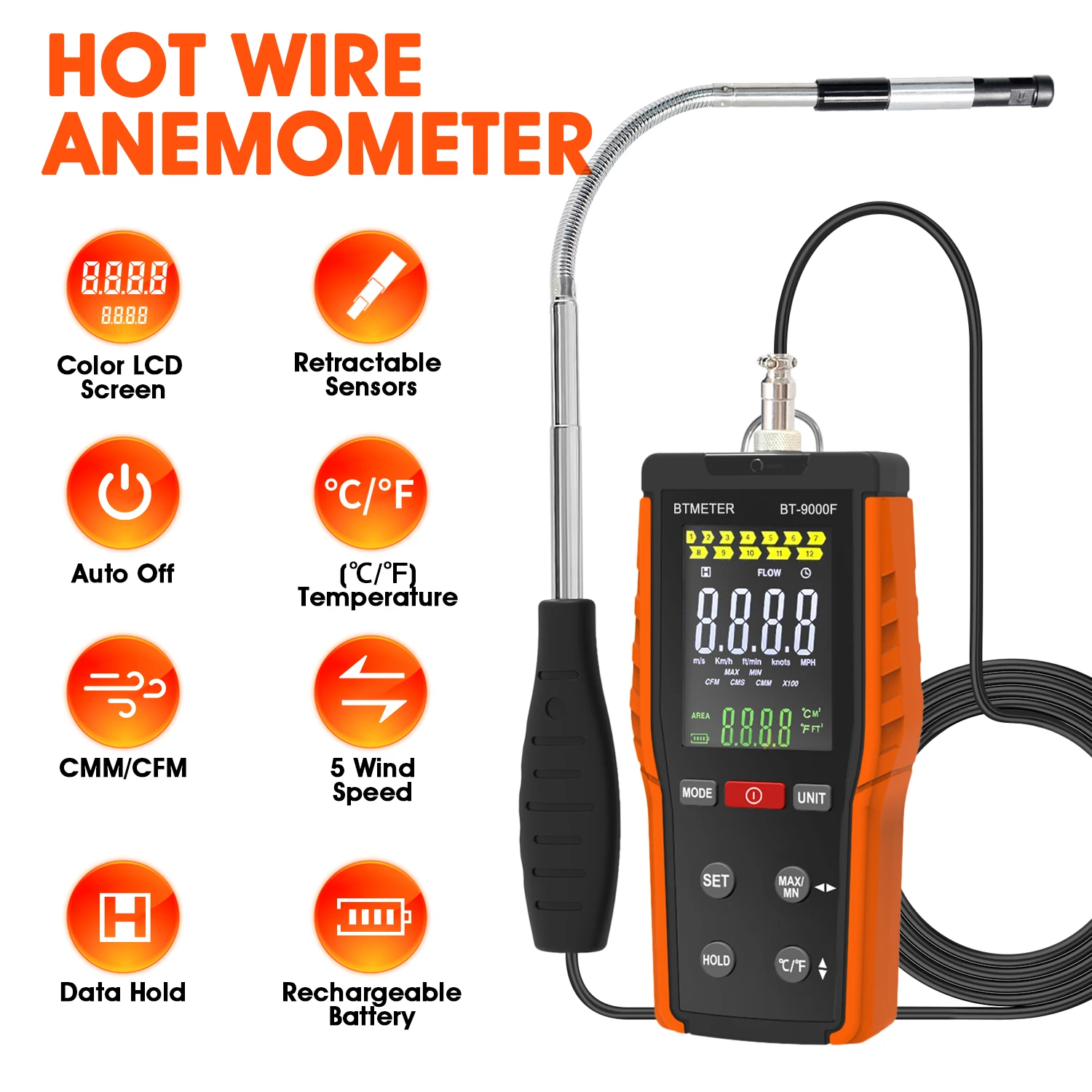 Anemometer Hot Wire Air Flow Meter, CFM CMM HVAC Wind Speed Tester with Temperature Gauge, Rechargeable Digital Anemometer