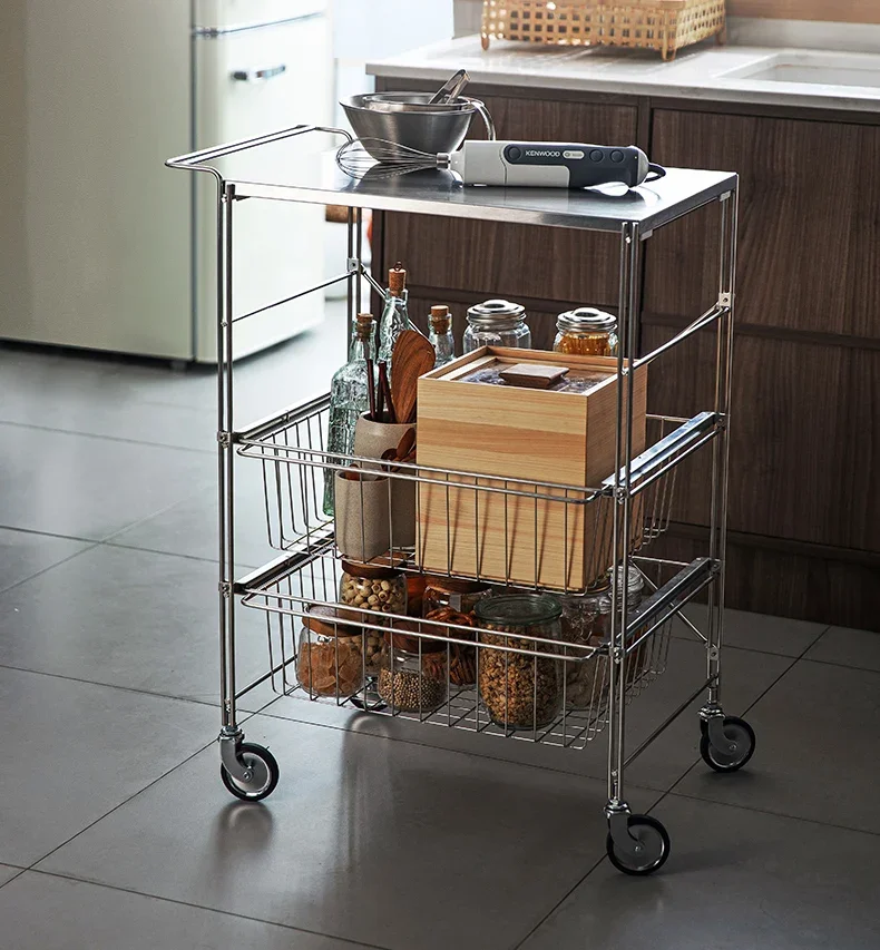 Stainless Steel 201 3- Layer Kitchen Trolley Rolling Storage Cart Serving Trolley with Handle Bathroom Shelf