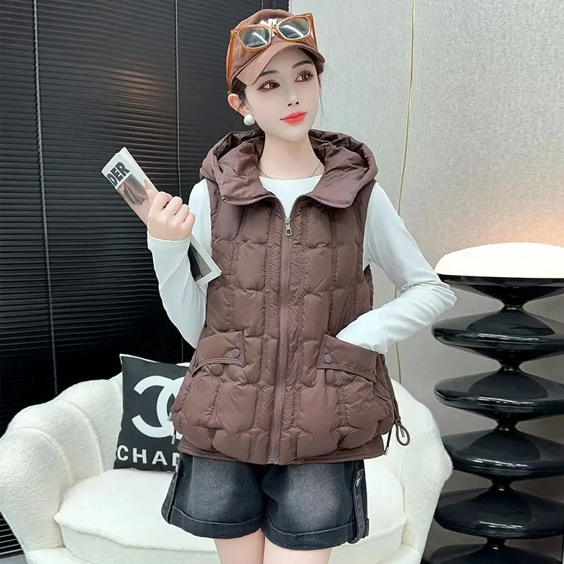 

Women Puffer Vest Autumn Winter Coat Hooded Vest Down Cotton Waistcoat Thick Warm Pockets Korean Luxury Brand Vests