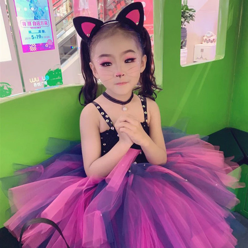 女の赤ちゃんのための黒の猫のドレス,誕生日のための服,幼児のためのハロウィーンの衣装,ヘッドバンドのセット