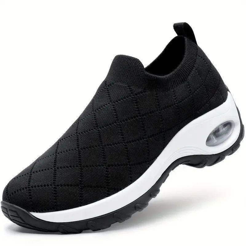 

Women's Black Slip-on Sock Shoes Quilted Knitted Air-cushioned Soles Comfortable Sports Shoes Light and Casual Shoes Daily Wear