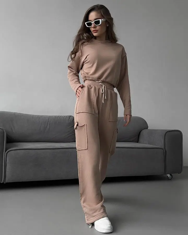 Casual Sportswear Suit Women 2023 Autumn Winter Pocket 2 Piece Sets New Style Sweatshirt Wide Leg Pants Tracksuits Running Suits