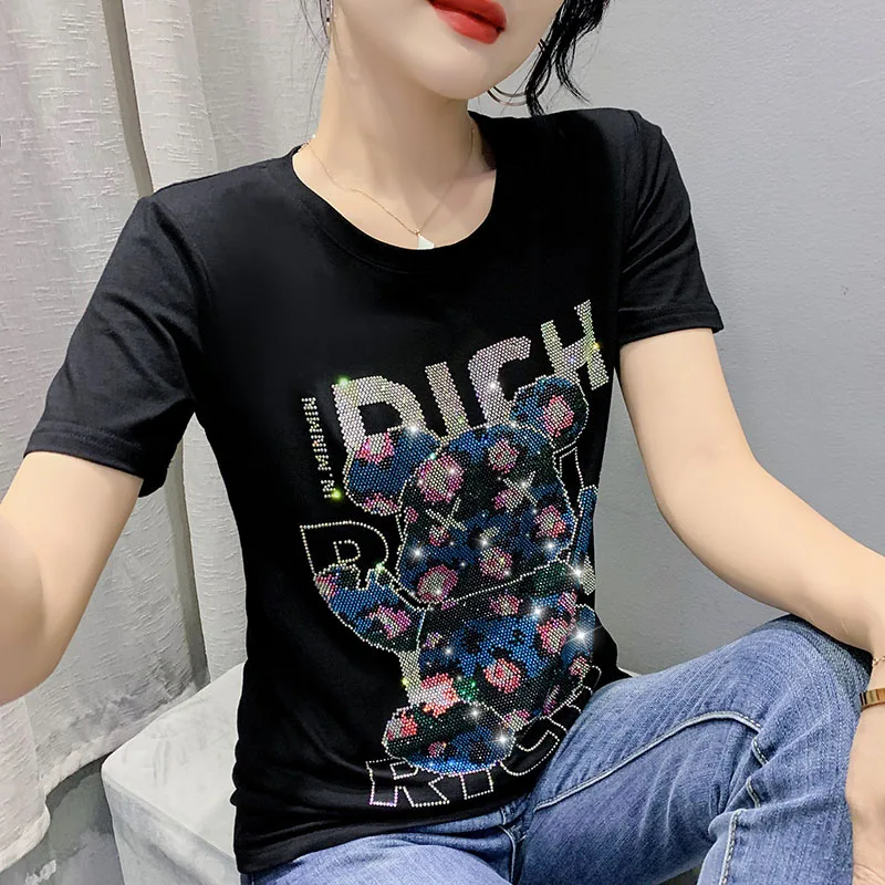 Black Summer Korean Clothes T-Shirt Chic Sexy Shiny Diamonds Cartoon Dear Women Tops Short Sleeve Hand Made Tees 2024 New 43144