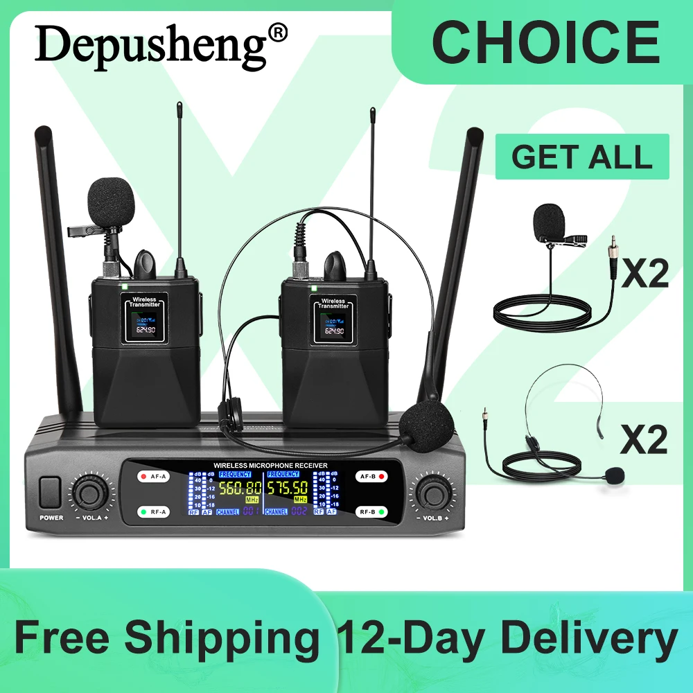

2-канальный беспроводной петличный микрофон, гарнитура, микрофон Depusheng X2-CLIP, VHF, фиксированный двухчастотный беспроводной набор для сценического шоу