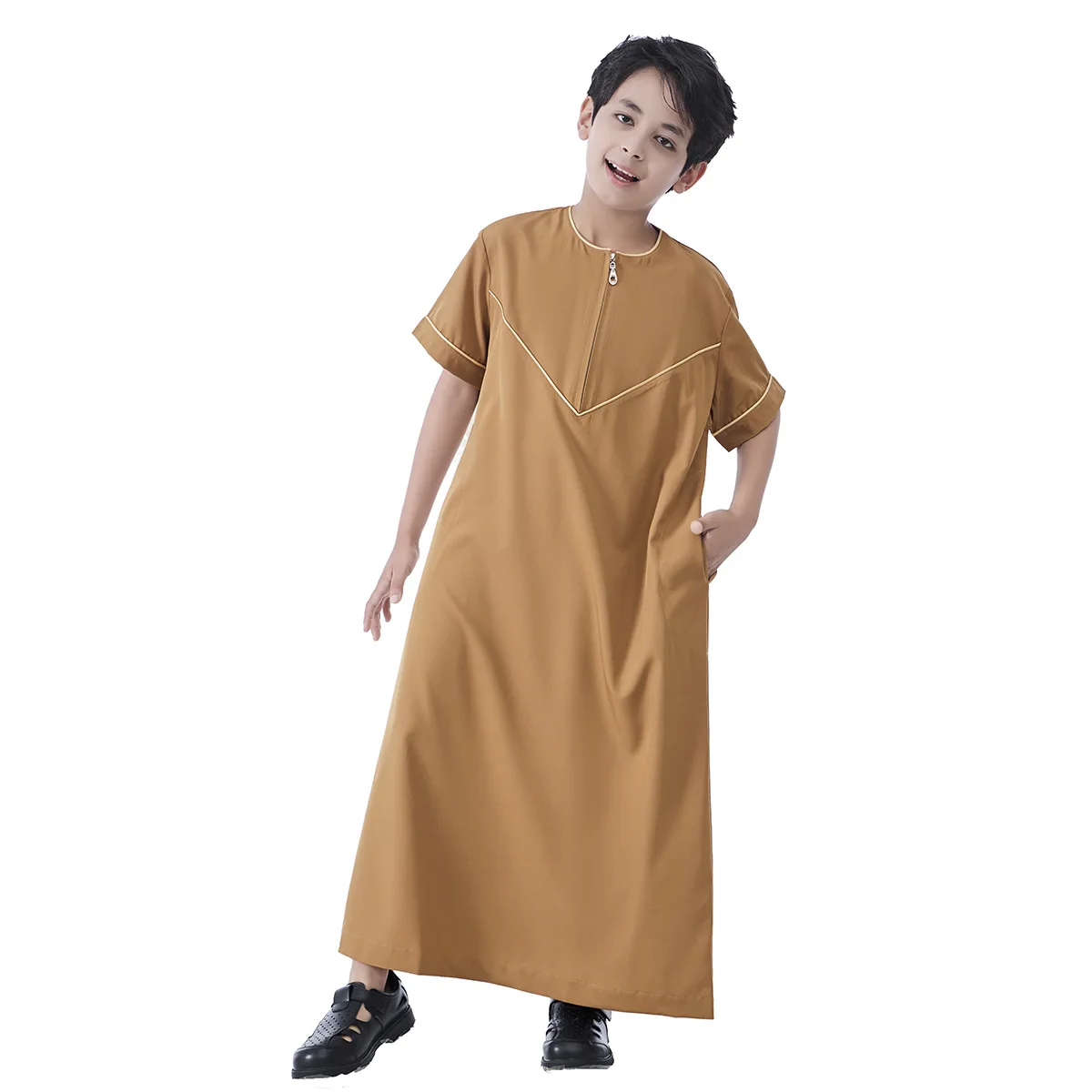 Solid Color Short Sleeve Robe Middle East Teenage Boy Arabic Robe Eid Djellaba Muslim Jubba Thobe Abaya Kaftan Daffah Dishdasha