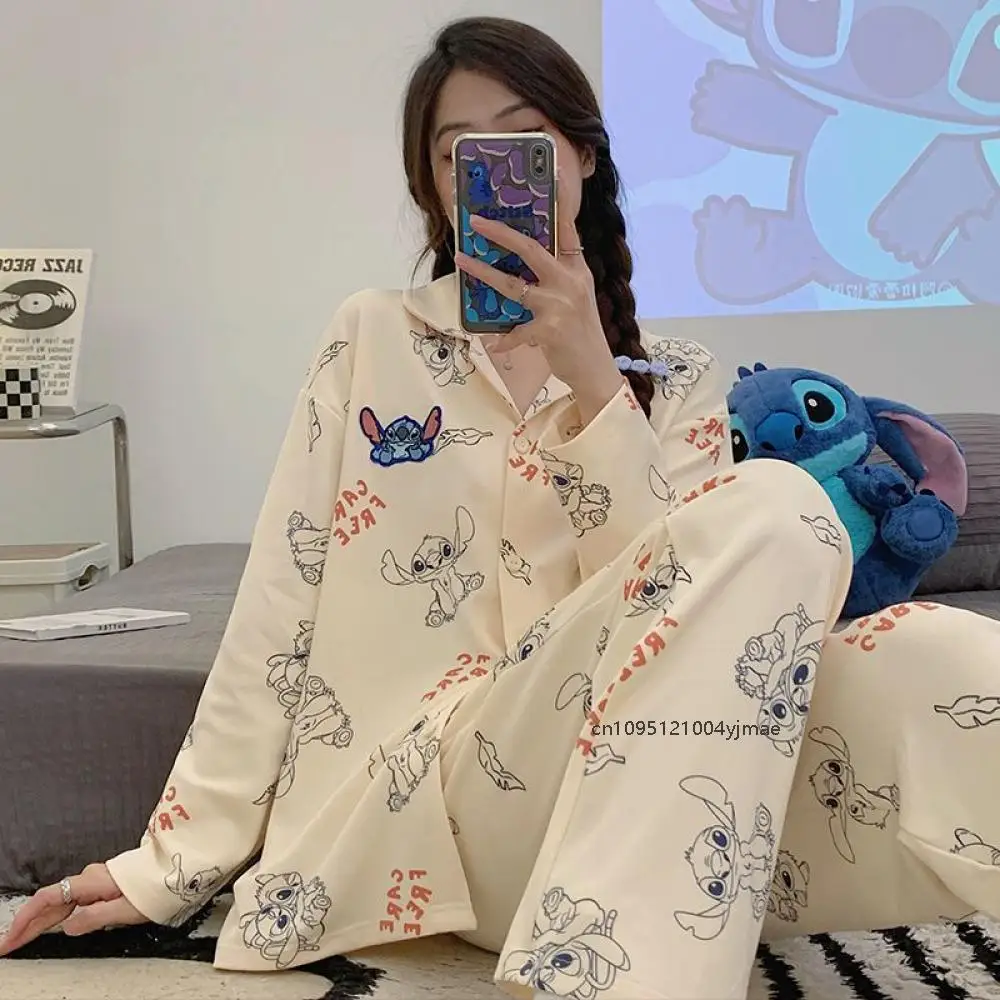 

Kawaii Anime Stitch Women's Pajamas Spring New Cotton Cartoon Lapel Long-Sleeved Student Pajamas Cartoon Casual Loungewear Set