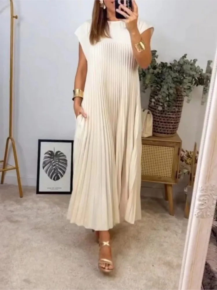 

Summer Sleeveless High Waist Commuting Dress 2026 Women O-neck Pocket Pleated Long Dress Casual Loose Solid Holiday Dresses