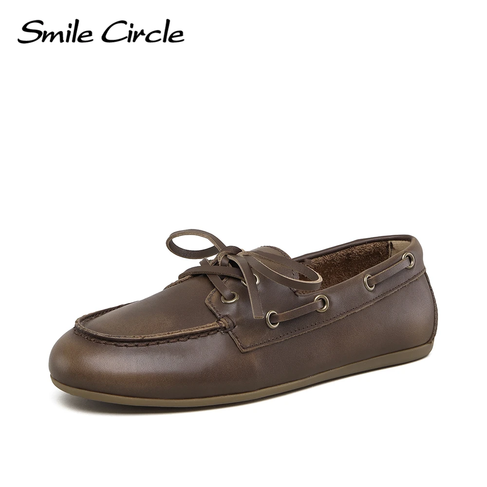 Smile Circle Boat Shoes Women Genuine Leather Loafers Moccasins Lace-up Flat Shoes