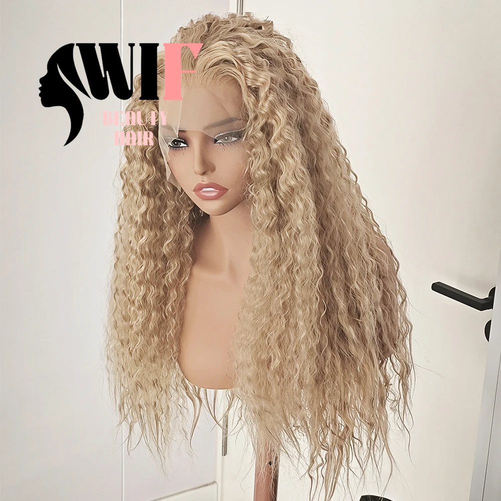 WIF-Perruque Synthétique Bouclée Blonde Frisée pour Femme, Cheveux Bouclés, Respectueux de la Chaleur, Kinky, Wavy, Lace Front, Maquillage, 03/Usage