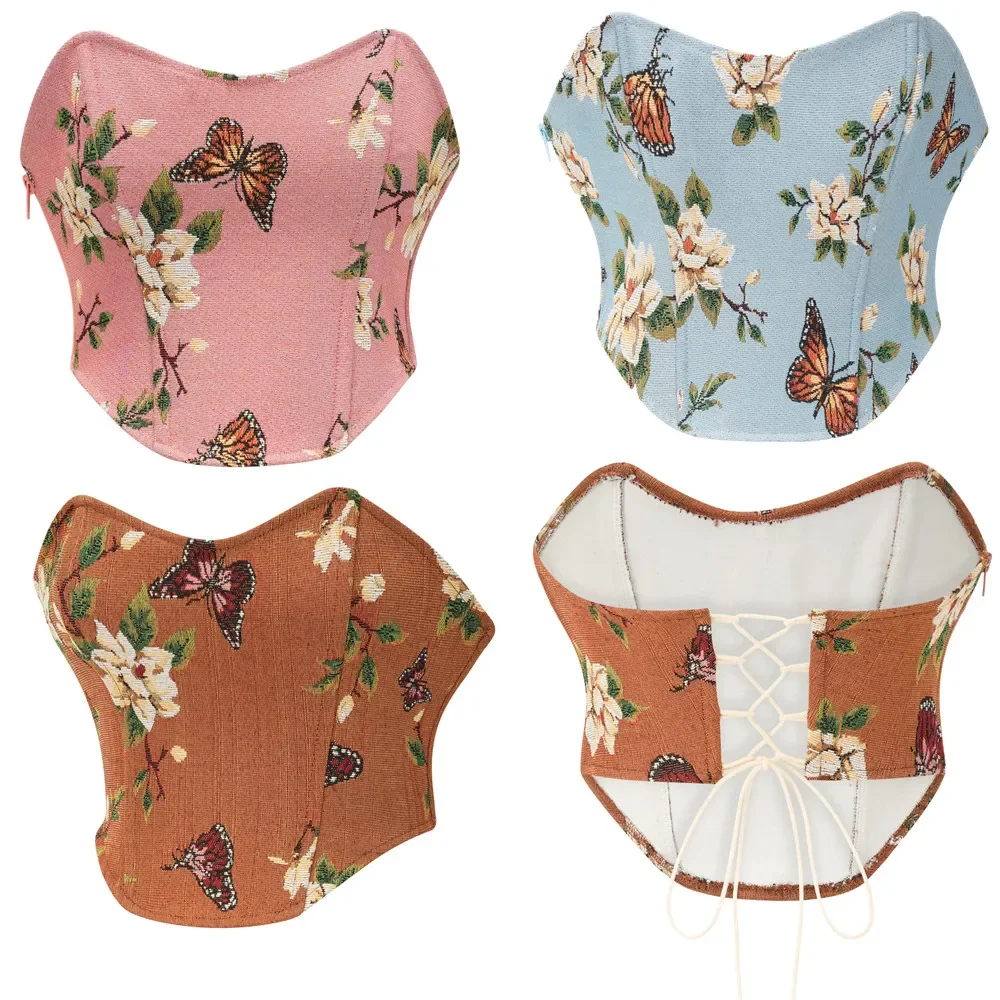 

Fashion Corset Sleeveless Off Shoulder Vintage Tube Tops Sexy Women Vintage Floral Print Strapless Bandage Bustier Crop Top