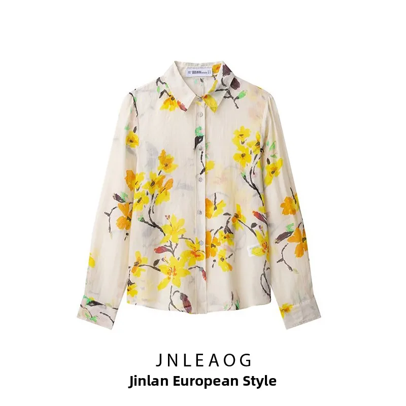 

JNLEAOG Autumn New Faionable Linen Flower irt Women's Casual Loose Fit Polyester Long Sve Button up Printed Top