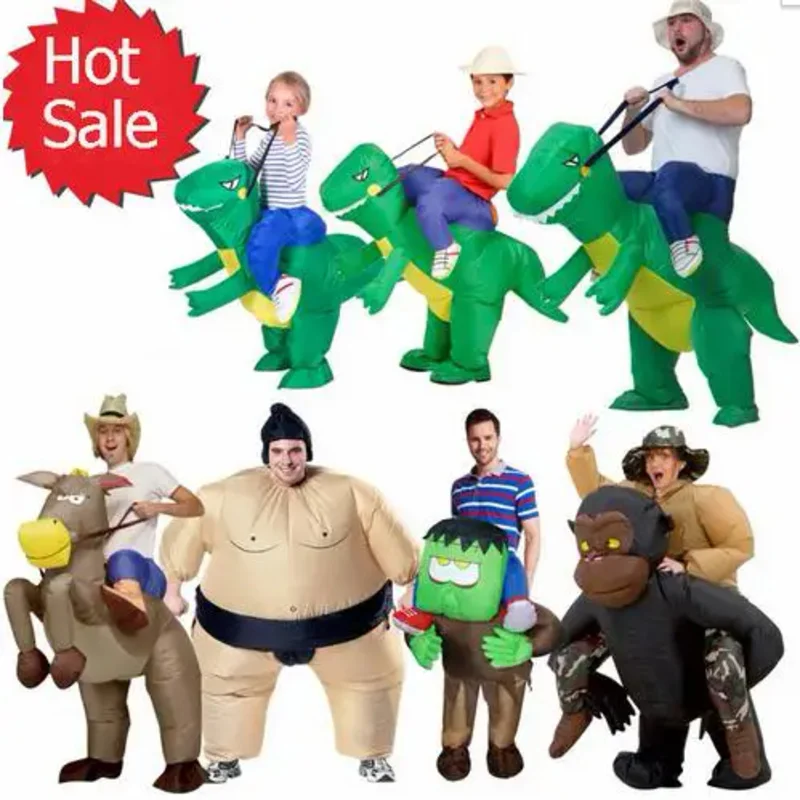 New 2017 Fan Kids Adult Inflatable T Rex Gorilla Sumo Cow Horse Costume Women Men Cosplay Inflatable Dinosaur Costume