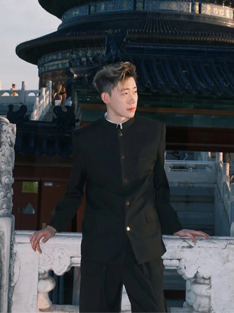 

New Chinese Sle Stand Collar irt Jaet Men's Bla Buttoned Tang Costume Top Trendy Brand orm Casual Outerwear