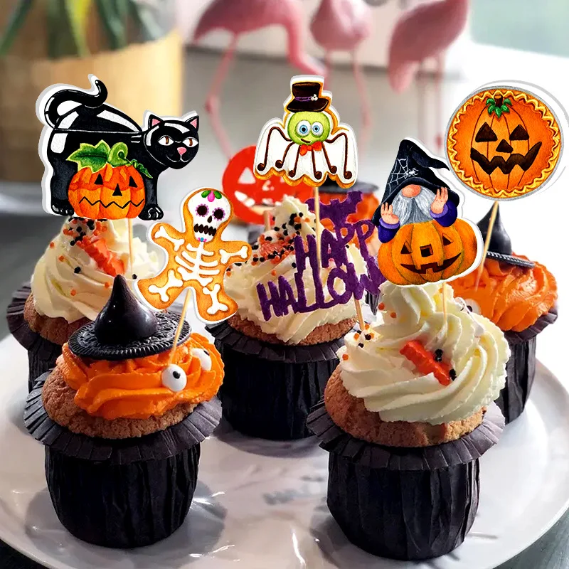 16pcs Halloween Cupcake Toppers Pumpkin Ghost Cake Flags Dessert Cake Decorations Halloween Birthday Horror Party Supplies