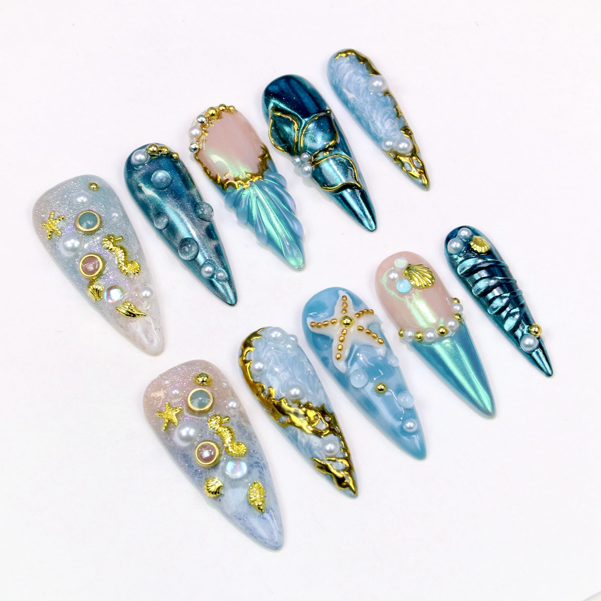 10 قطعة ثلاثية الأبعاد موضوع المحيط الطبيعي طويل خنجر اضغط على الأظافر ، الصيف مع نجم البحر زهرة الشاطئ محارة مخصصة اليدوية وهمية مسمار الفن