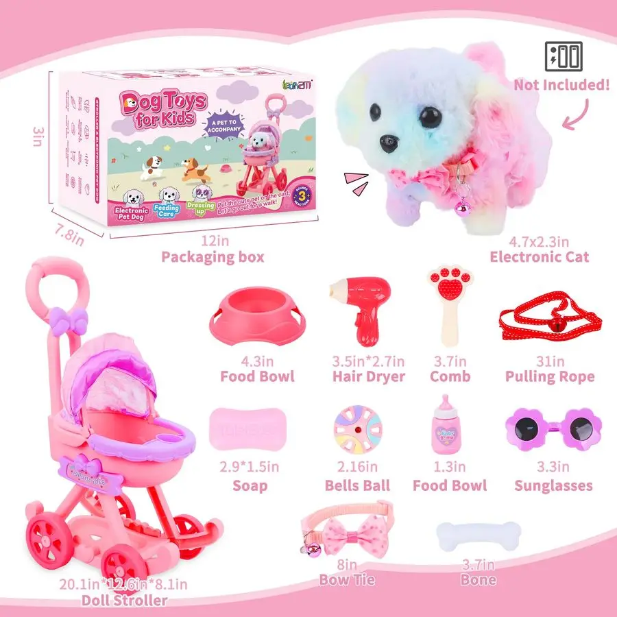 Dog Toys for Kids Girls, Pretend Puppy Stroller Playset for Toddler, Electronic Interactive Walking Barking Dog Toy, Pet Care am