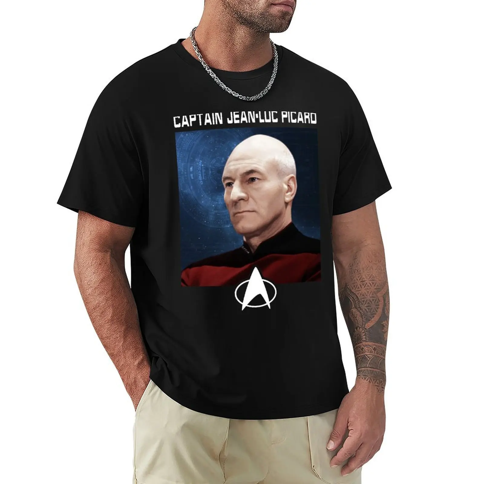 Camiseta con estampado de retrato del capitán Jean-Luc Picard de Star Trek Next Generation, camiseta deportiva de algodón de manga corta