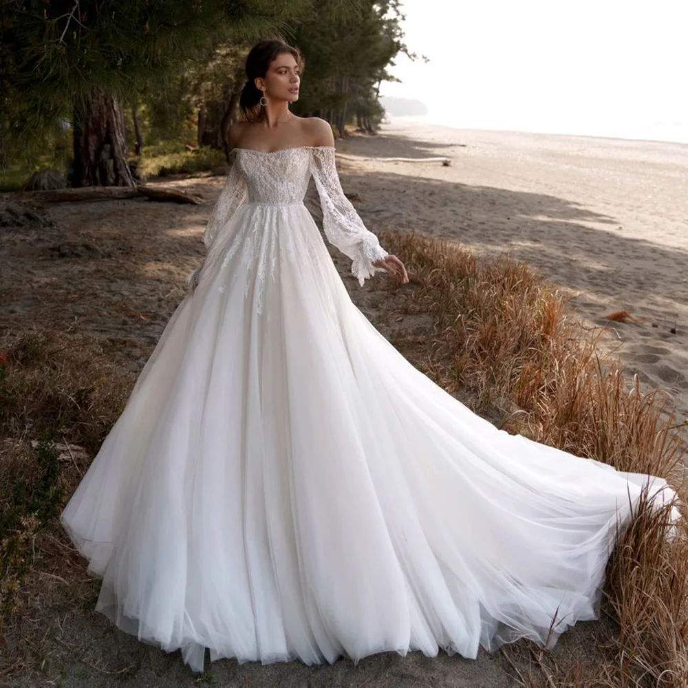 

Elegant Off-shoulder Lace Bridal Dress 2023 Long Sleeves Country Wedding Gown with Pearls A-line Sweep Train Robe de Mairage