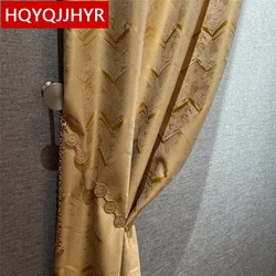 Modern High Quality Golden Blue Brown Gold Silk Jacquard Blackout Curtains For Bedroom Window Living Room Study Kitchen Hotel