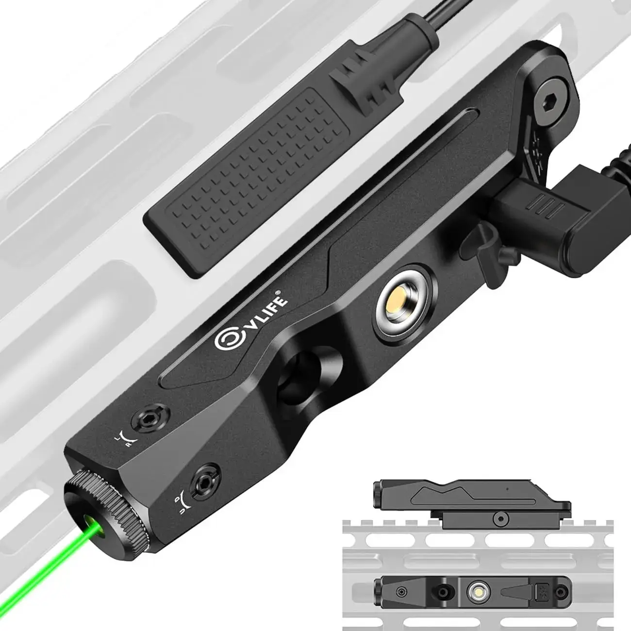 Tactical Green Laser Sight M-Lok Picatinny Rail with Magnetic Rechargeable Battery For Rifle Strobe Capability and Pressure Swit