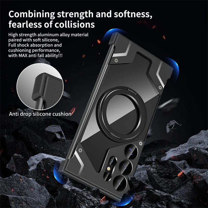 Luxury Metal 360 °frameless Phone Case For Samsung Galaxy S22 S24 S23 S25 S26 Ultra Transparent Rotating Bracket Anti Fall Cover