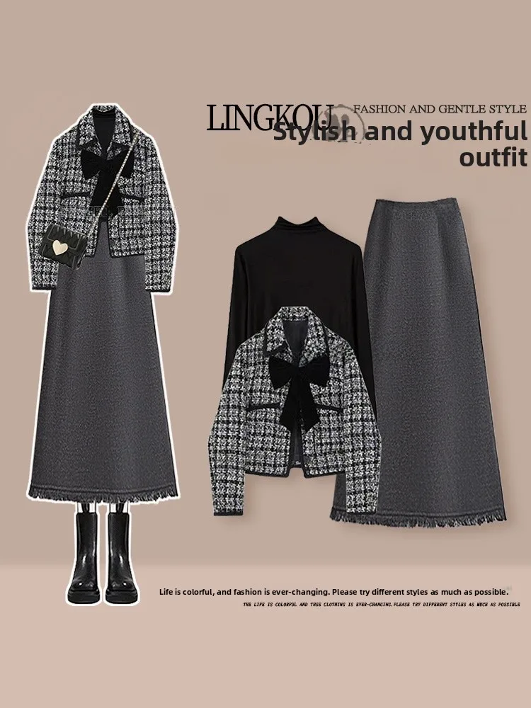 

Korean Style Autumn Set Women's Anti-Aging Knot Jacket High Waist Slimming Half Skirt Three-Piece Set Fashionable C...