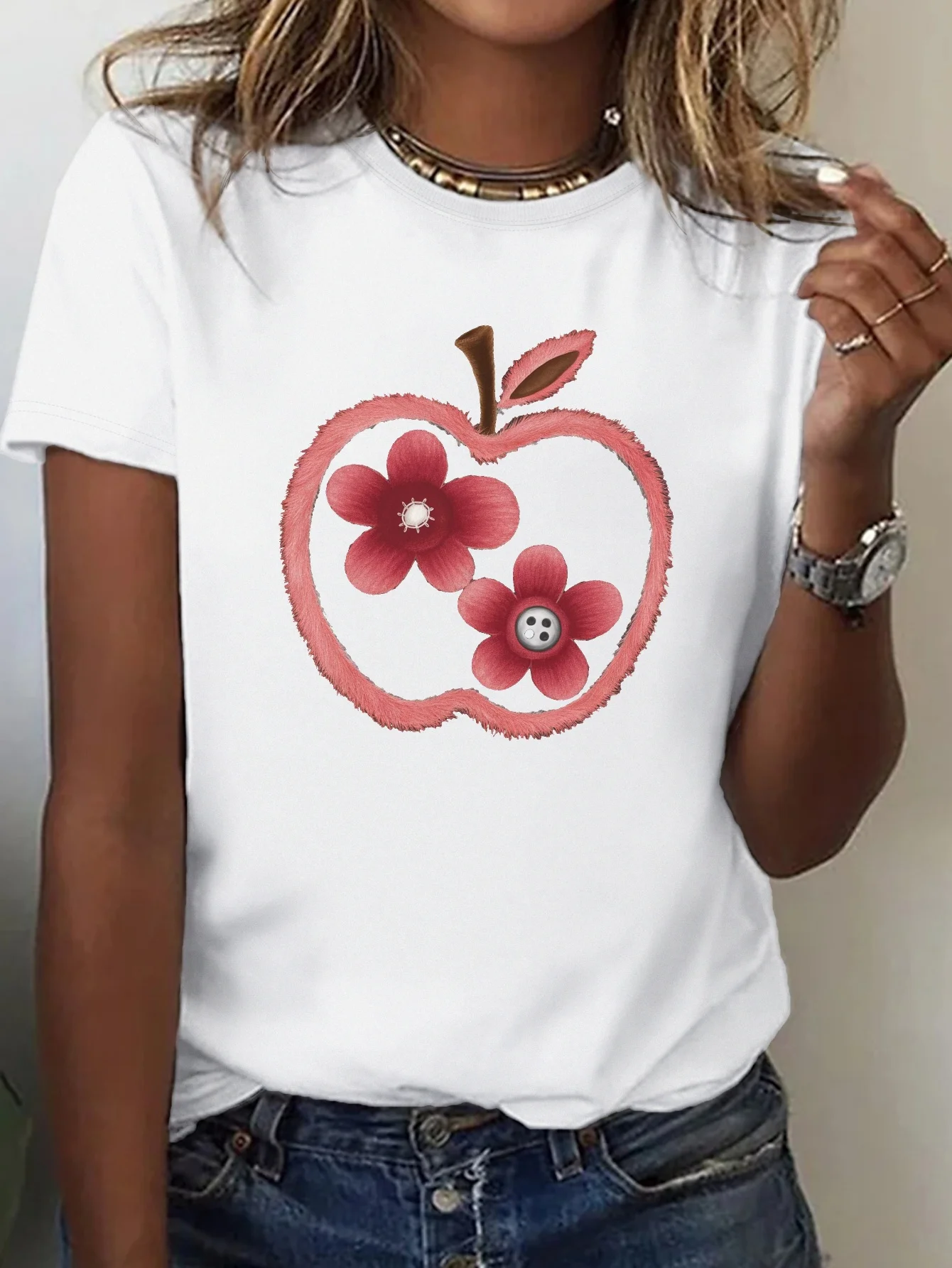 Camiseta informal suave para mujer con estampado Floral de manzana, Top cómodo de manga corta con cuello redondo, camisetas para mujer, ropa diaria