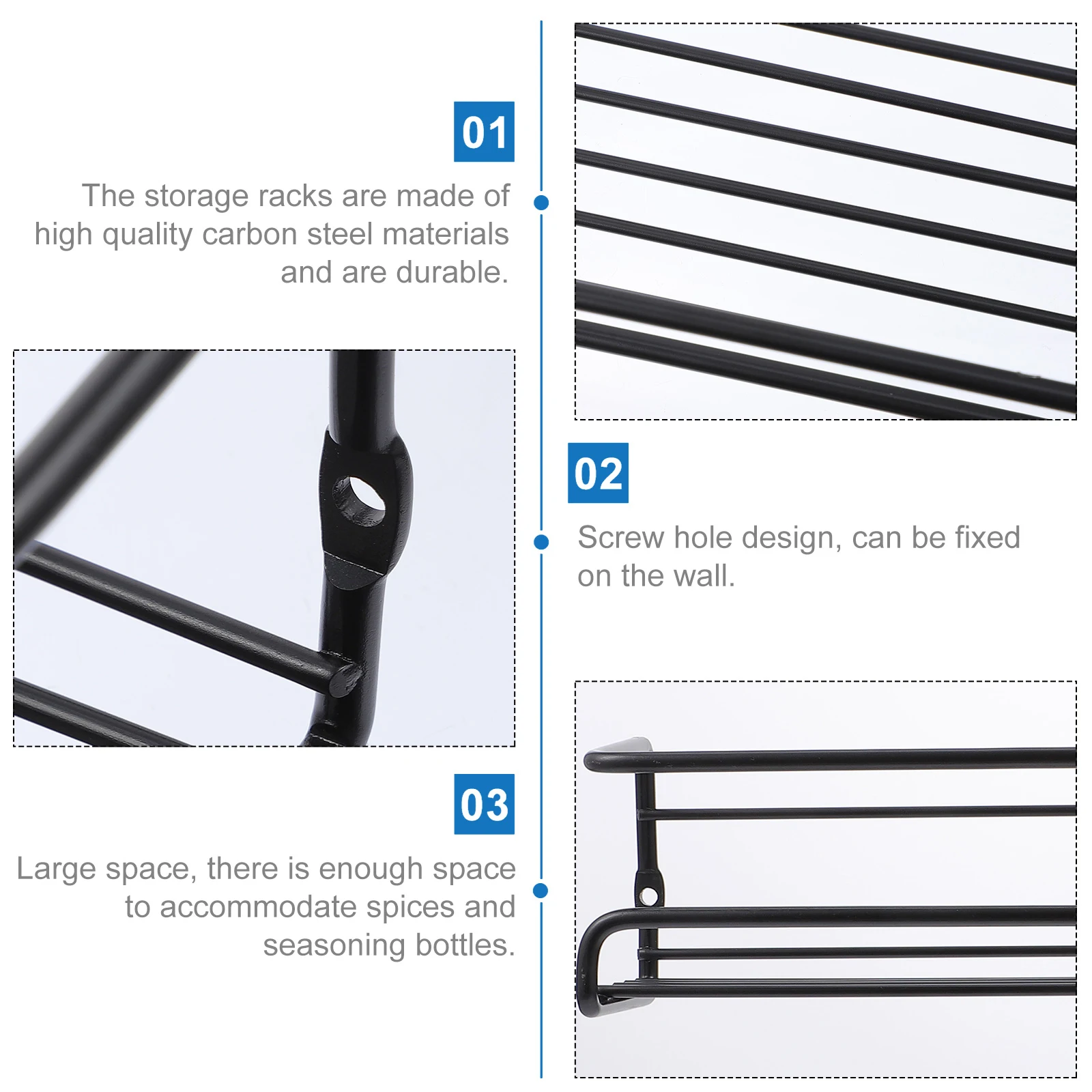 

2Pcs Wall-Mounted Seasoning Rack Kitchen Organizer Sturdy Carbon Steel Spice Storage Holder for Kitchen Bottles