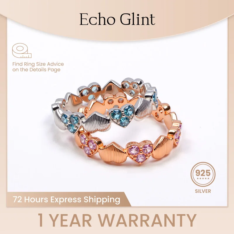 

Echo Glint, стерлинговое серебро 925 пробы, синий, розовый циркон, кольцо в форме сердца с глазурью, текстура, сладкий для женщин, подарки на годовщину