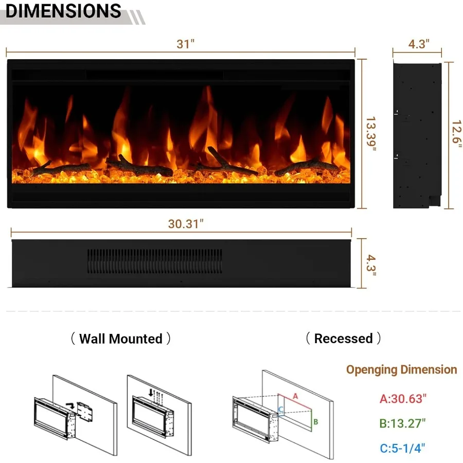 Perapian Listrik 30 inci dengan Desain Ultra Tipis 4.3 untuk Ruang Tamu dan Kamar Tidur Modern Bingkai Ultra Sempit Dipasang di Dinding dan Dapat