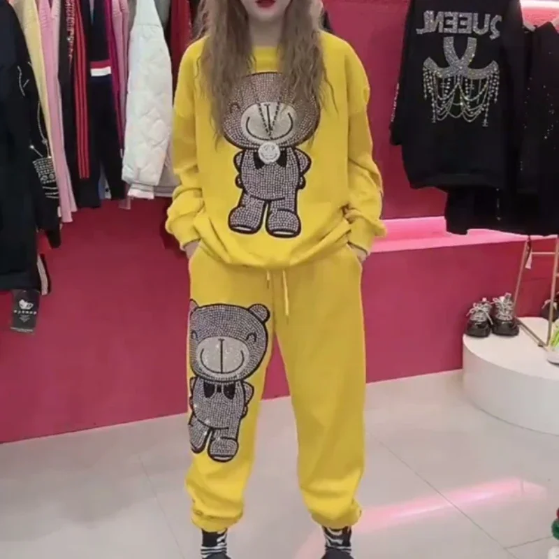 Ensembles de pantalons en biscuits de dessin animé jaune pour femmes, pull doublé sourire, pantalon de loisirs, imbibé, rapIndustry, adt, automne,