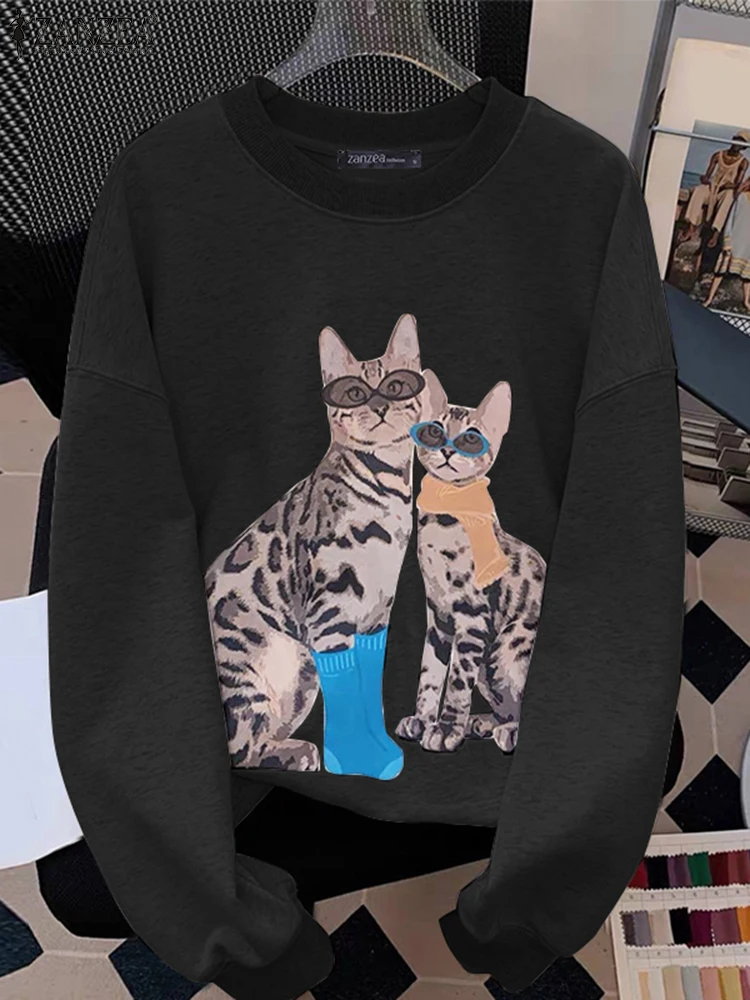 

ZANZEA Spring Autumn Sweatshirts 2025 Fashion Women Hoodies Female O Neck Loose Pullovers Casual Long Sleeve Cats Print Hoodies