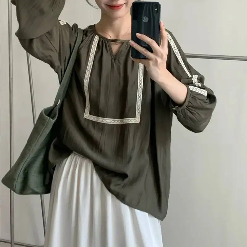 

LIMO, новинка 2025 года, женская рубашка с цветными блоками, лоскутная тканая блузка в стиле бохо, свободный топ с длинными рукавами для повседневной одежды для дома