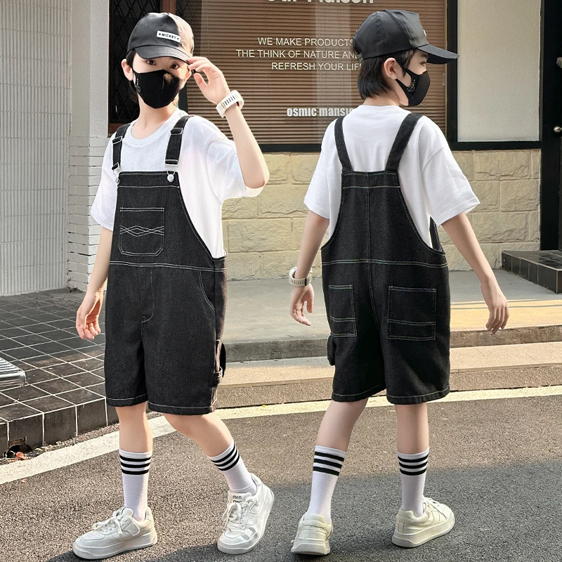 

New Summer Stylish Children Black Denim Short Overalls for Teen Boys Loose Straight Solid Strap Bib Shorts Kids Casual Shortalls