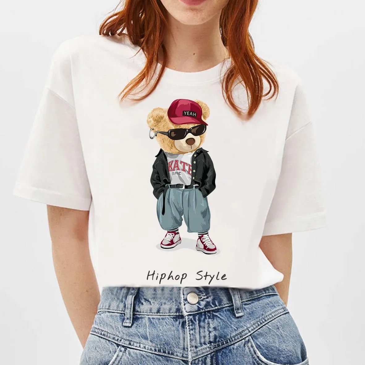 

Женская футболка в стиле хип-хоп, модные топы с коротким рукавом и мишкой Тедди, футболки с круглым вырезом, повседневные футболки из 100% хлопка в стиле Харадзюку