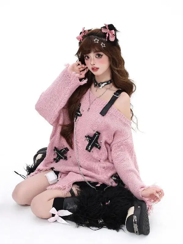 Ruibbit Harajuku Gothic Hole Cross Zipper Long Sleeve Women Punk Style O-Neck Loose Vintage Black Knitted Pullovers Sweater