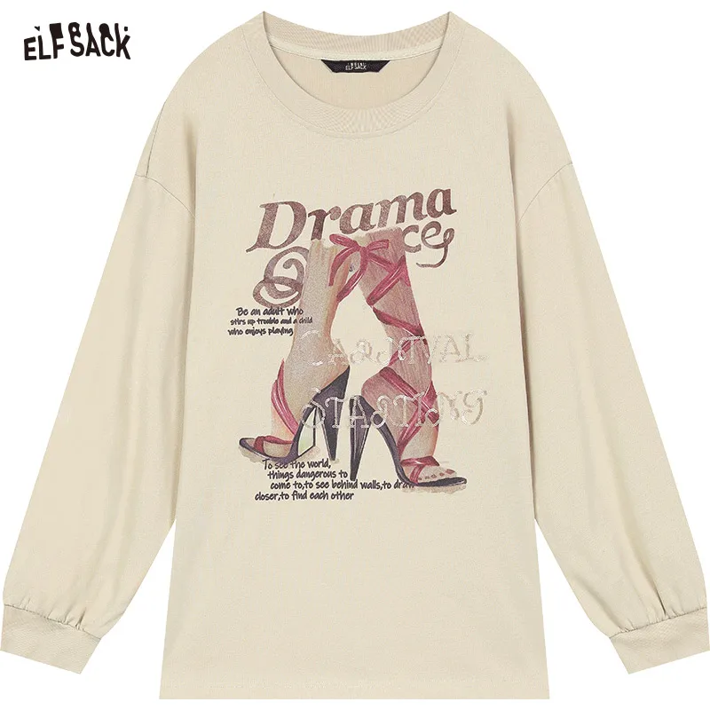 ELFSACK 2024 Autumn New Arrivals Round neck printed loose long sleeved T-shirt for women, casual top